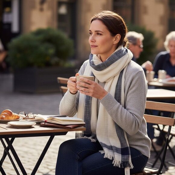 NWT Banana Republic Beige & Navy Plaid Fringe Scarf - Picture 12 of 14